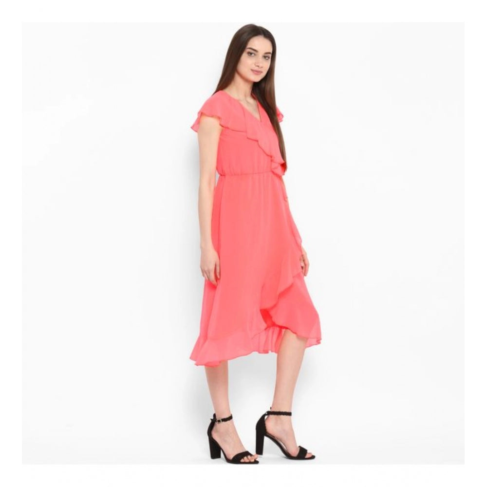 Snuggle Spot Women's Polyester Ruffled Cap Sleeve Below Knee Dress (Coral Pink)