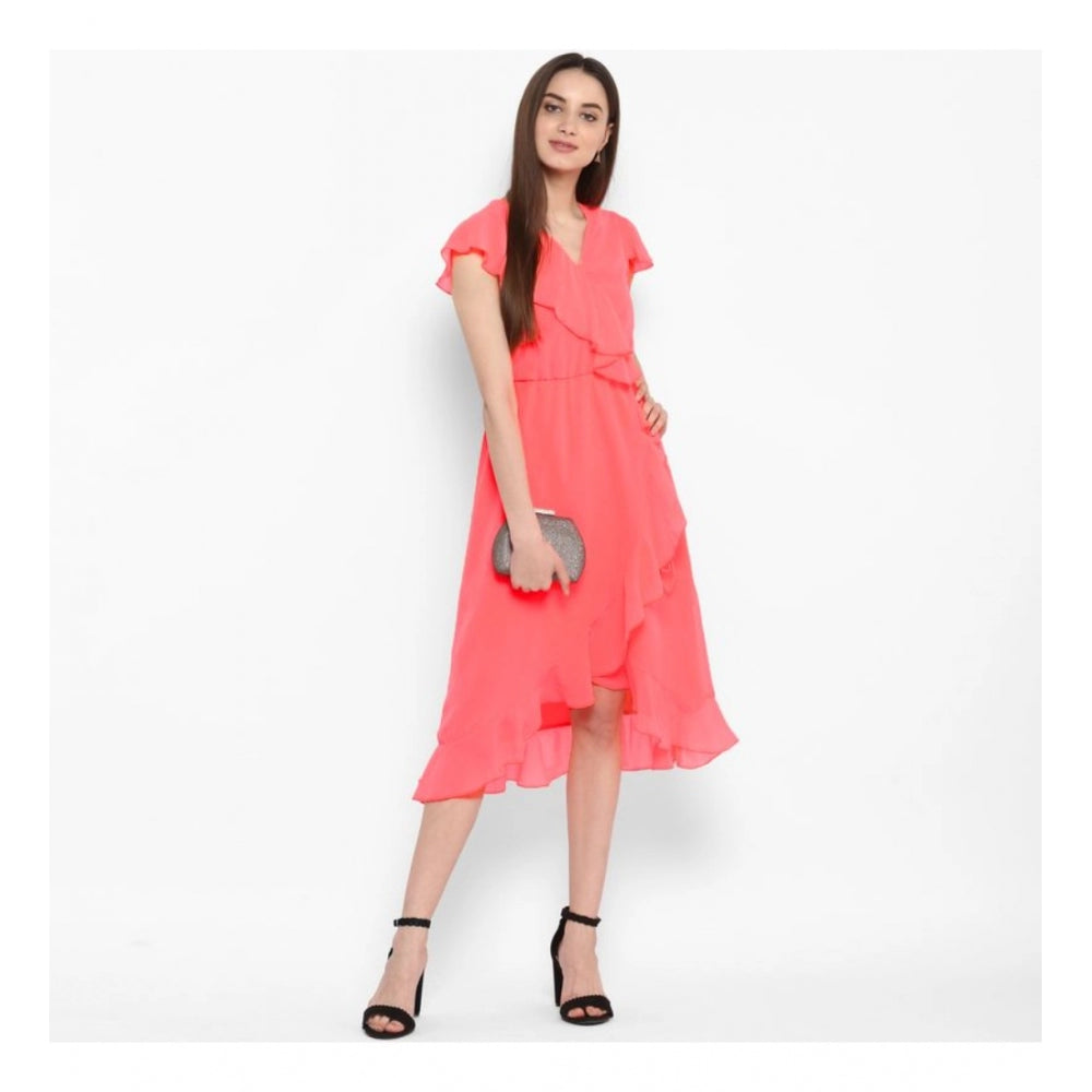 Snuggle Spot Women's Polyester Ruffled Cap Sleeve Below Knee Dress (Coral Pink)