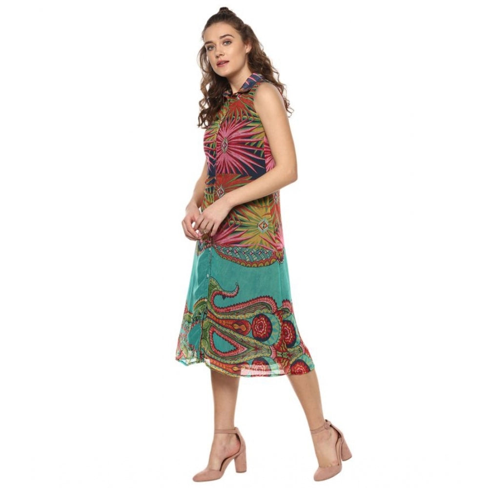 Snuggle Spot Women's Polyester Floral Sleeveless Below Knee Dress (Multicolor)