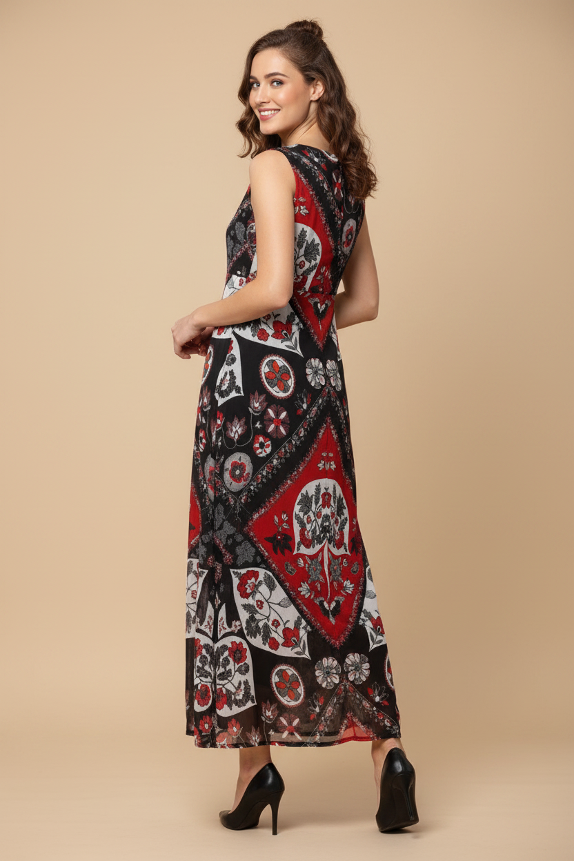 Snuggle Spot Women's Polyester Printed Sleeveless Dress (Red - Black)