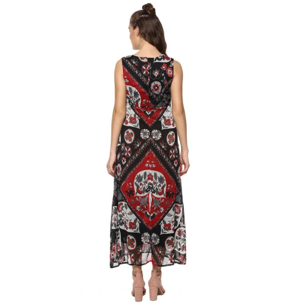 Snuggle Spot Women's Polyester Printed Sleeveless Dress (Red - Black)