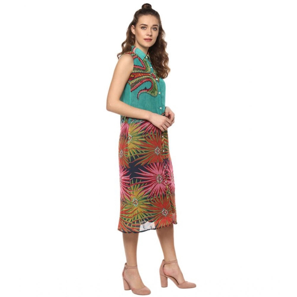 Snuggle Spot Women's Polyester Floral Sleeveless Below Knee Dress (Multicolor)