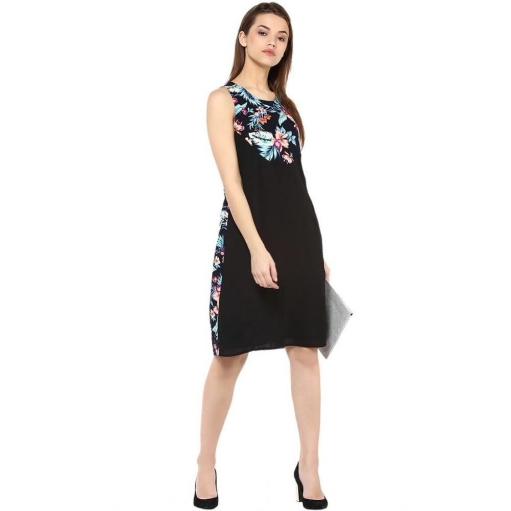 Snuggle Spot Women's Polyester Printed Sleeveless Above Knee Dress (Black - Multicolor)