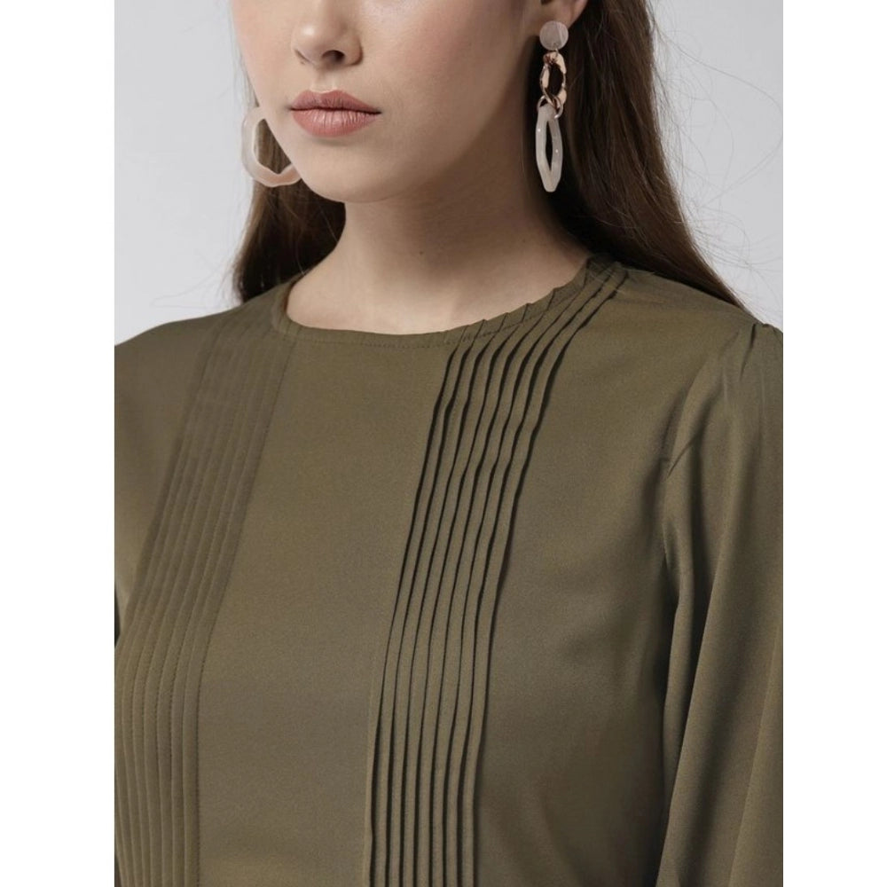 Snuggle Spot Women's Polyester Pintuck Long Sleeves Below Knee Dress (Olive)
