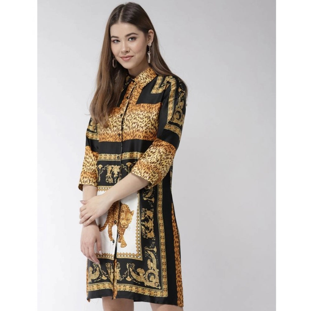 Snuggle Spot Women's Satin Animal Print 3-4th Sleeves Above Knee Dress (White - Orange)
