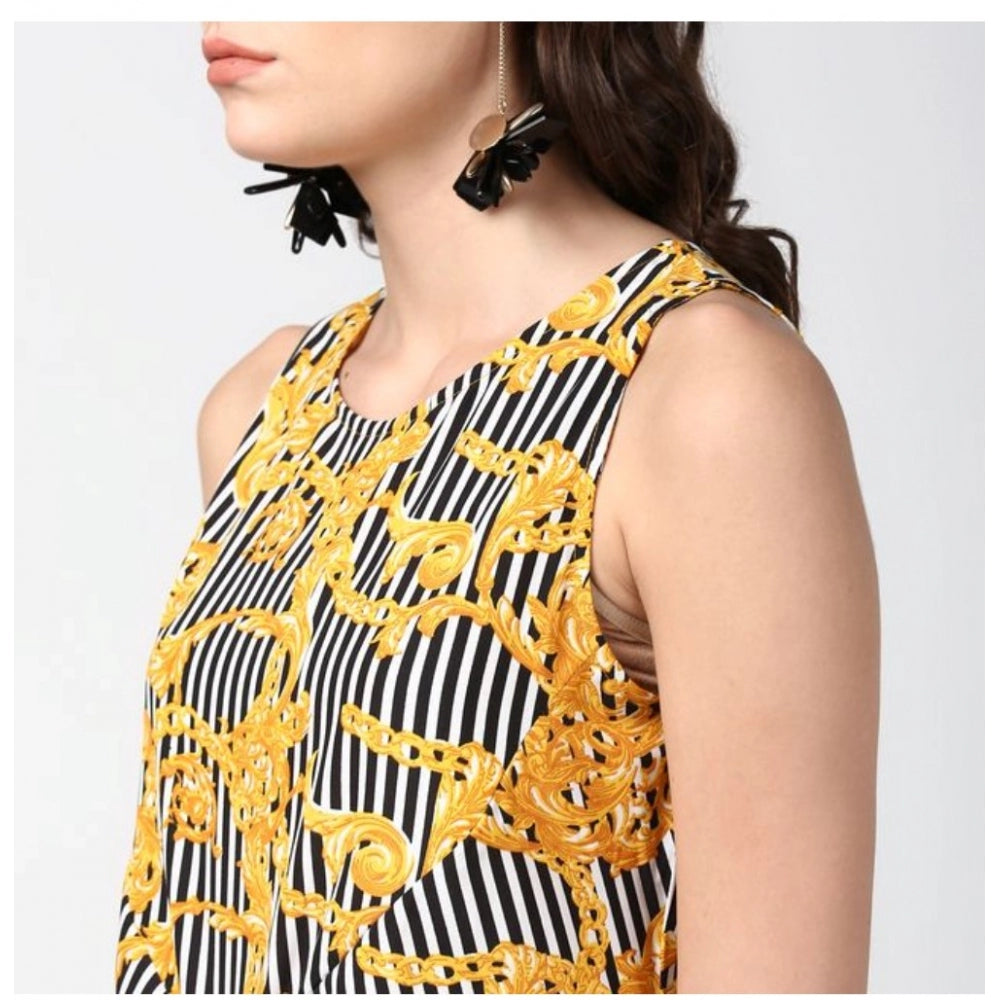 Snuggle Spot Women's Polyester Chain Print Sleeveless Below Knee Dress (Yellow - Black)