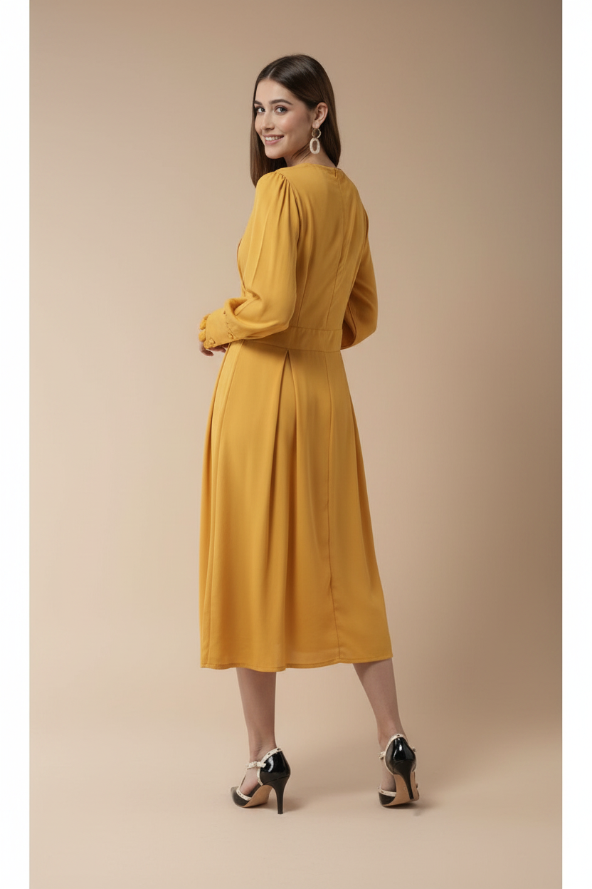 Snuggle Spot Women's Polyester Pintuck Long Sleeves Below Knee Dress (Yellow)