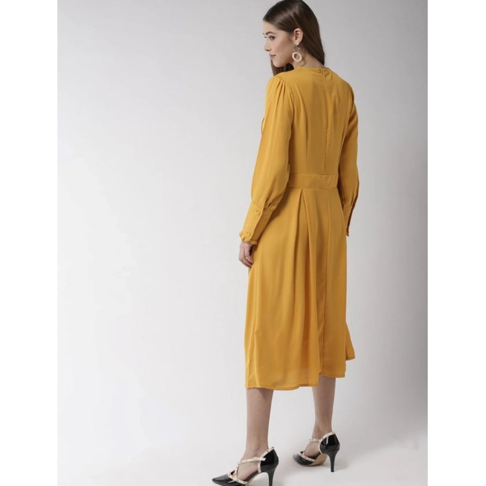 Snuggle Spot Women's Polyester Pintuck Long Sleeves Below Knee Dress (Yellow)