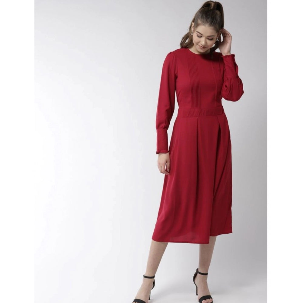 Snuggle Spot Women's Polyester Pintuck Long Sleeves Below Knee Dress (Red)