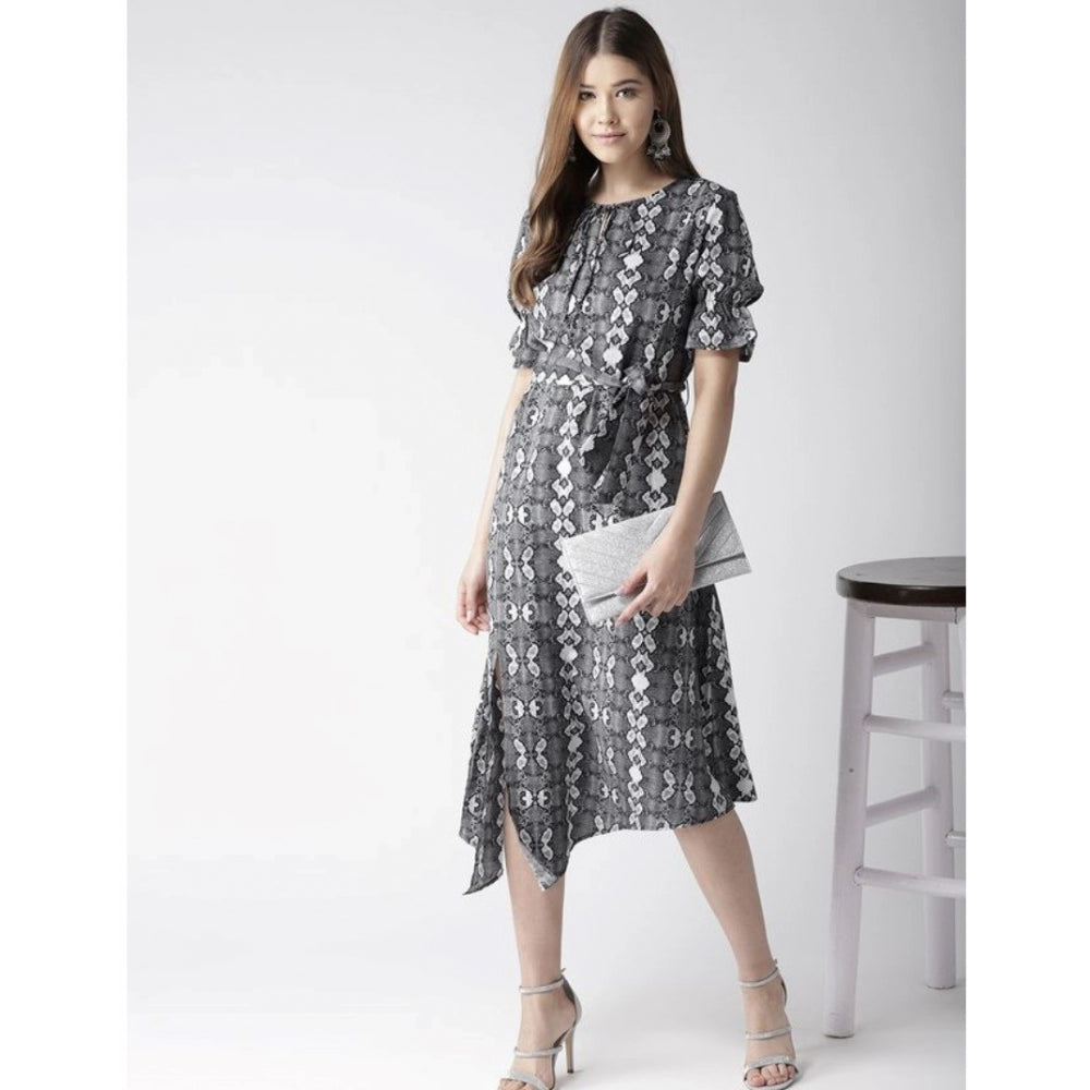 Snuggle Spot Women's Polyester Animal Print Short Sleeve Knee-Length Dress (Black - White)