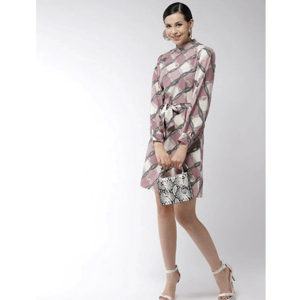 Snuggle Spot Women's Polyester Checkered Long Sleeves Above Knee Dress (Off White - Lavender)