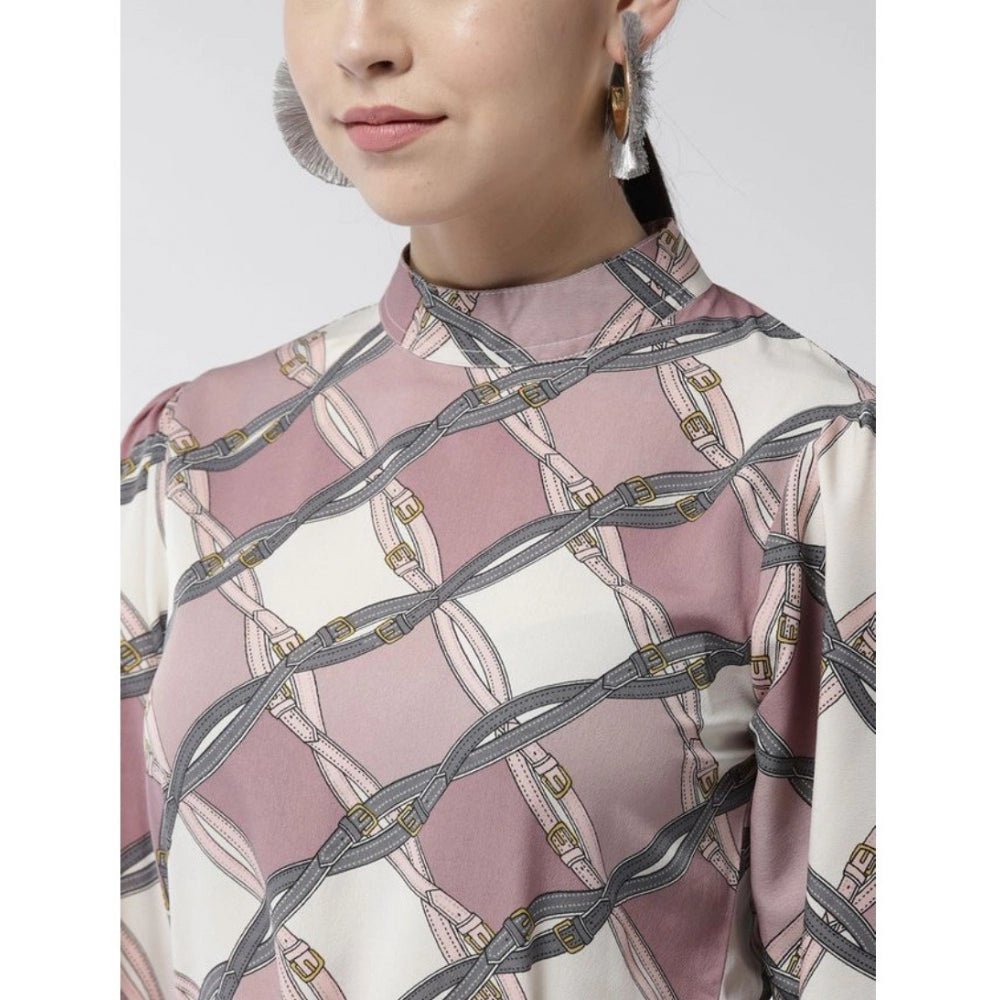 Snuggle Spot Women's Polyester Checkered Long Sleeves Above Knee Dress (Off White - Lavender)