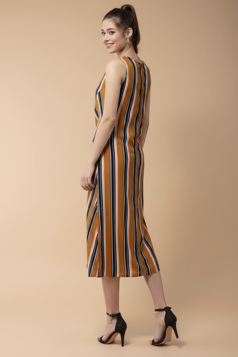 Snuggle Spot Women's Polyester Striped Sleeveless Below Knee Dress (Mustard)