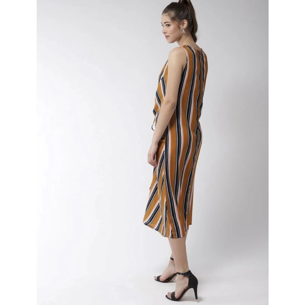 Snuggle Spot Women's Polyester Striped Sleeveless Below Knee Dress (Mustard)