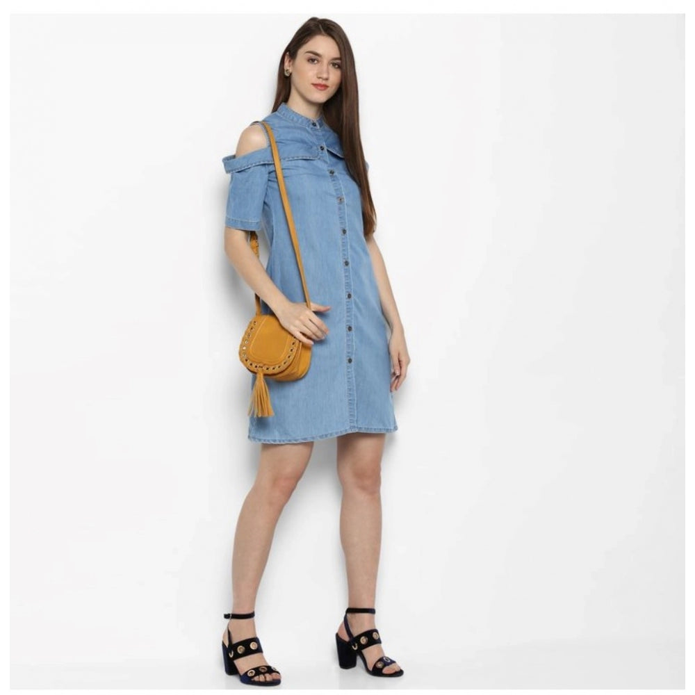 Snuggle Spot Women's Denim Solid Cold Shoulder Above Knee Dress (Blue)