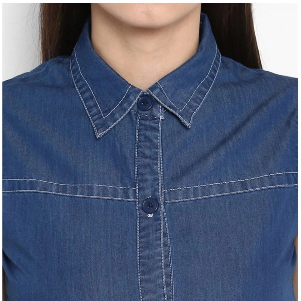 Snuggle Spot Women's Denim Solid Sleeveless Above Knee Dress (Blue)