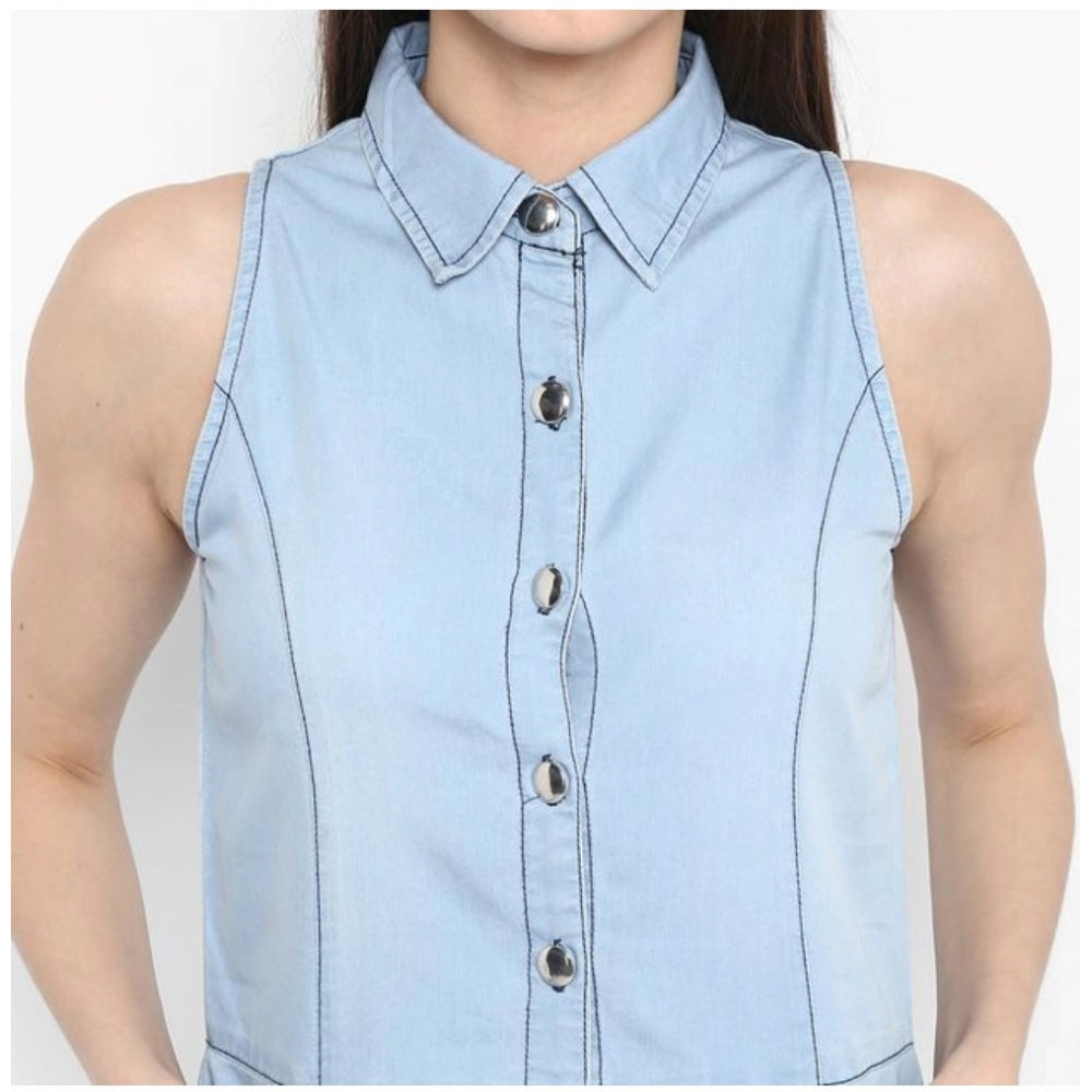 Snuggle Spot Women's Denim Solid Sleeveless Below Knee Dress (Blue)