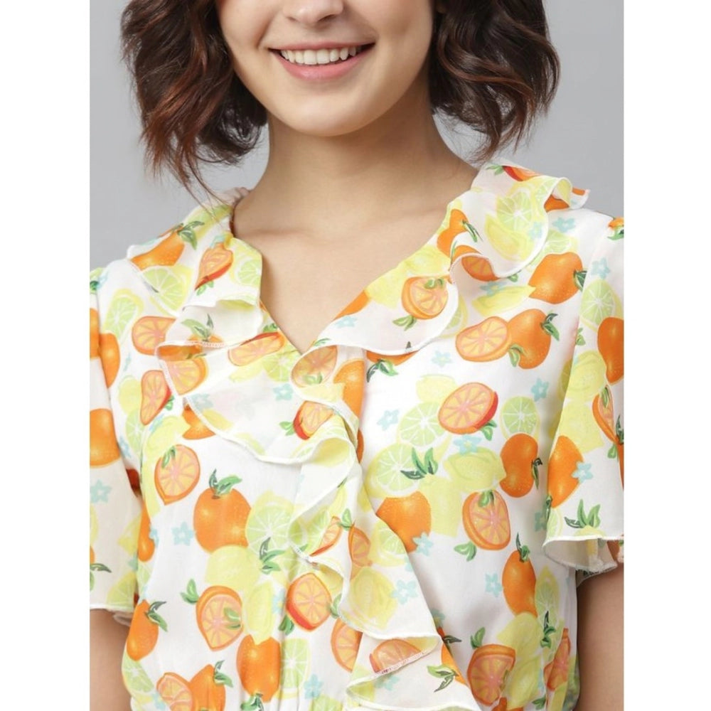 Snuggle Spot Women's Polyester Printed Flutter Above Knee Dress (Yellow - Orange)