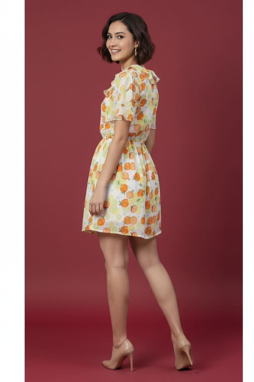 Snuggle Spot Women's Polyester Printed Flutter Above Knee Dress (Yellow - Orange)