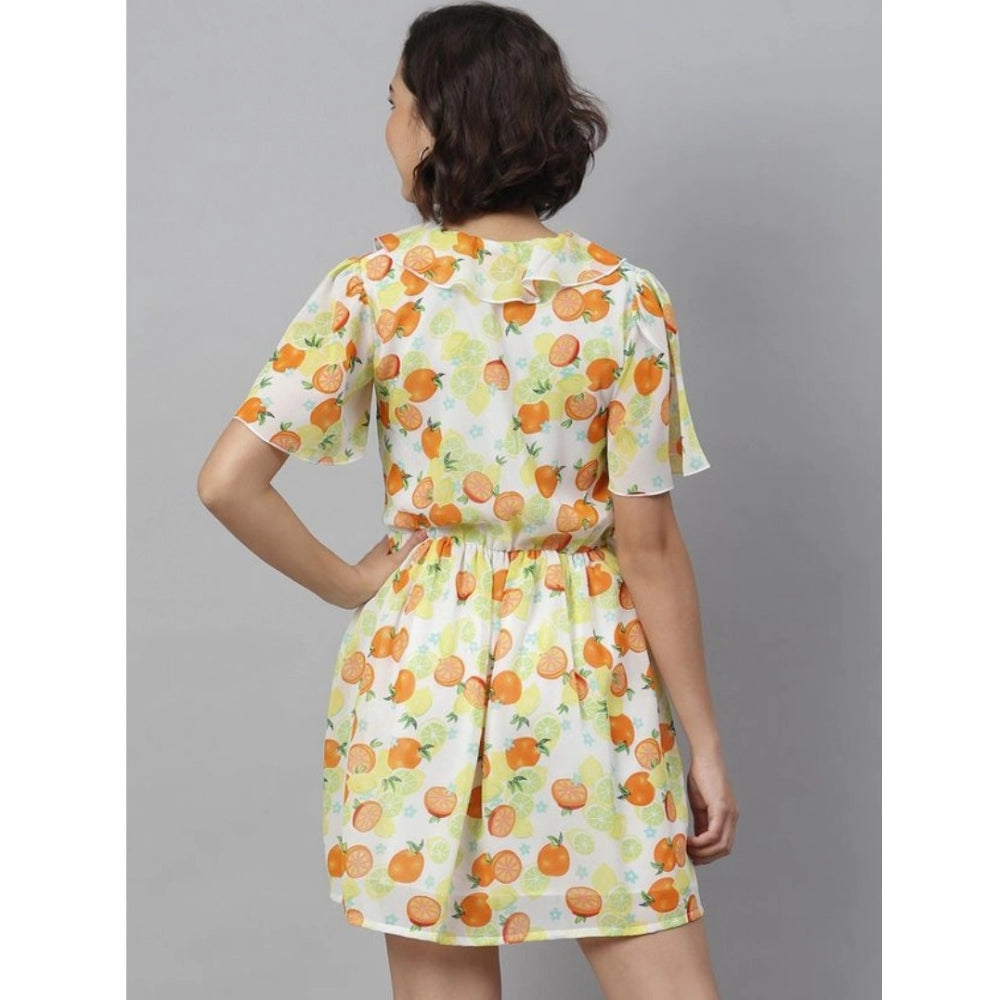 Snuggle Spot Women's Polyester Printed Flutter Above Knee Dress (Yellow - Orange)