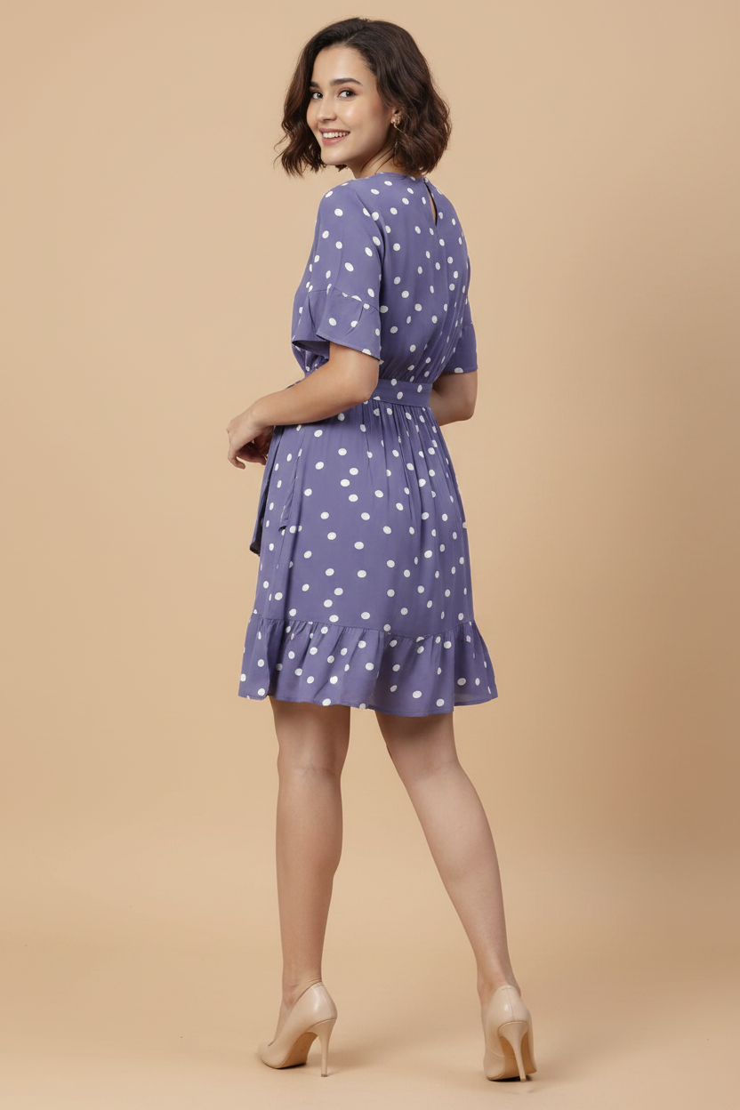 Snuggle Spot Women's Polyester Polka Bell Sleeve Above Knee Dress (Lavender)