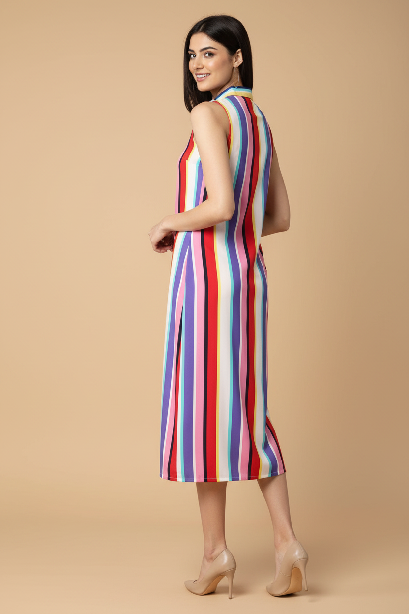 Snuggle Spot Women's Polyester Striped Sleeveless Calf-length Dress (Multicolor)