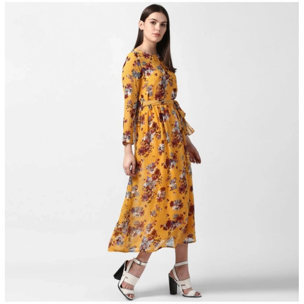 Snuggle Spot Women's Polyester Floral Long Sleeves Calf-length Dress (Yellow)