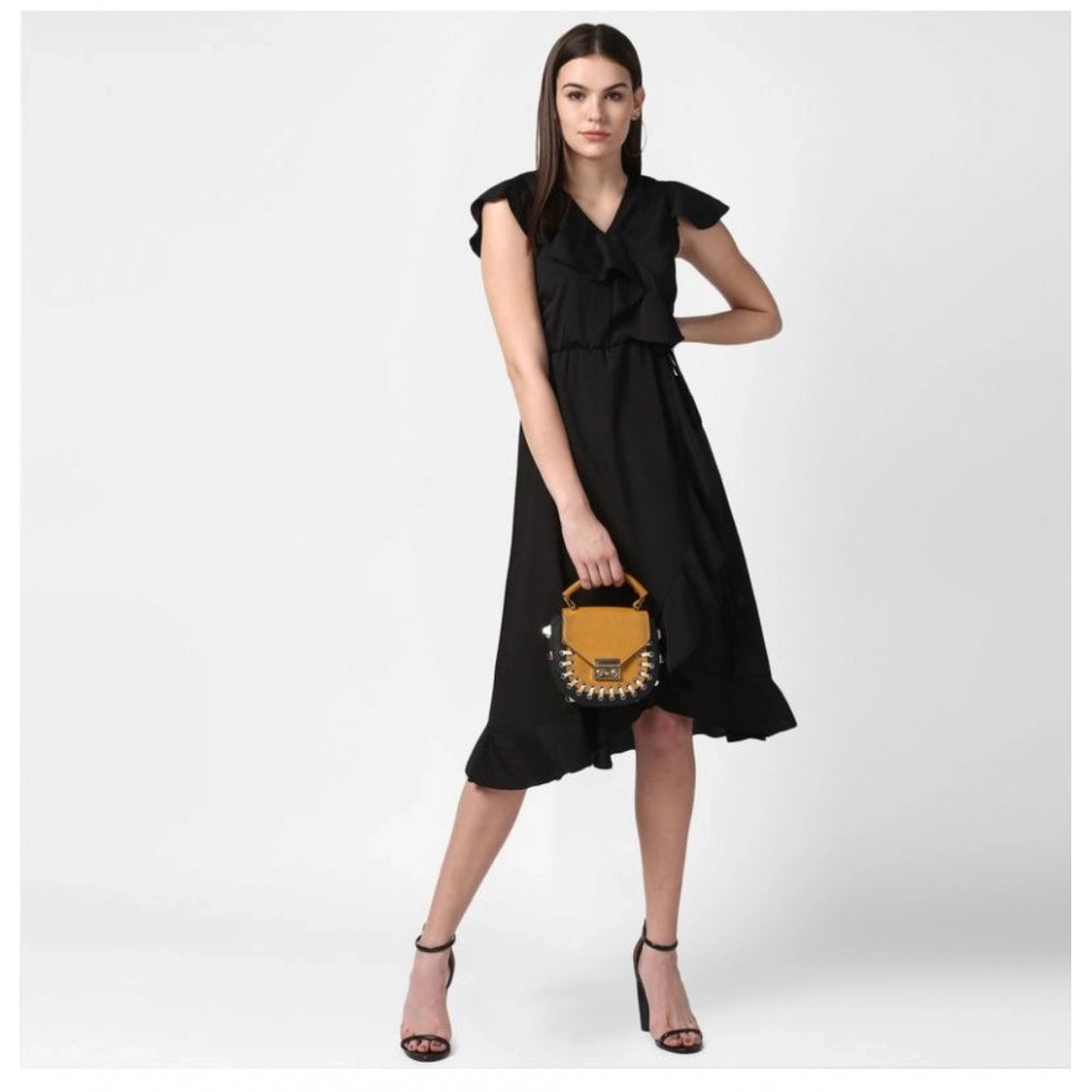 Snuggle Spot Women's Polyester Ruffled Cap Sleeve Knee-Length Dress (Black)