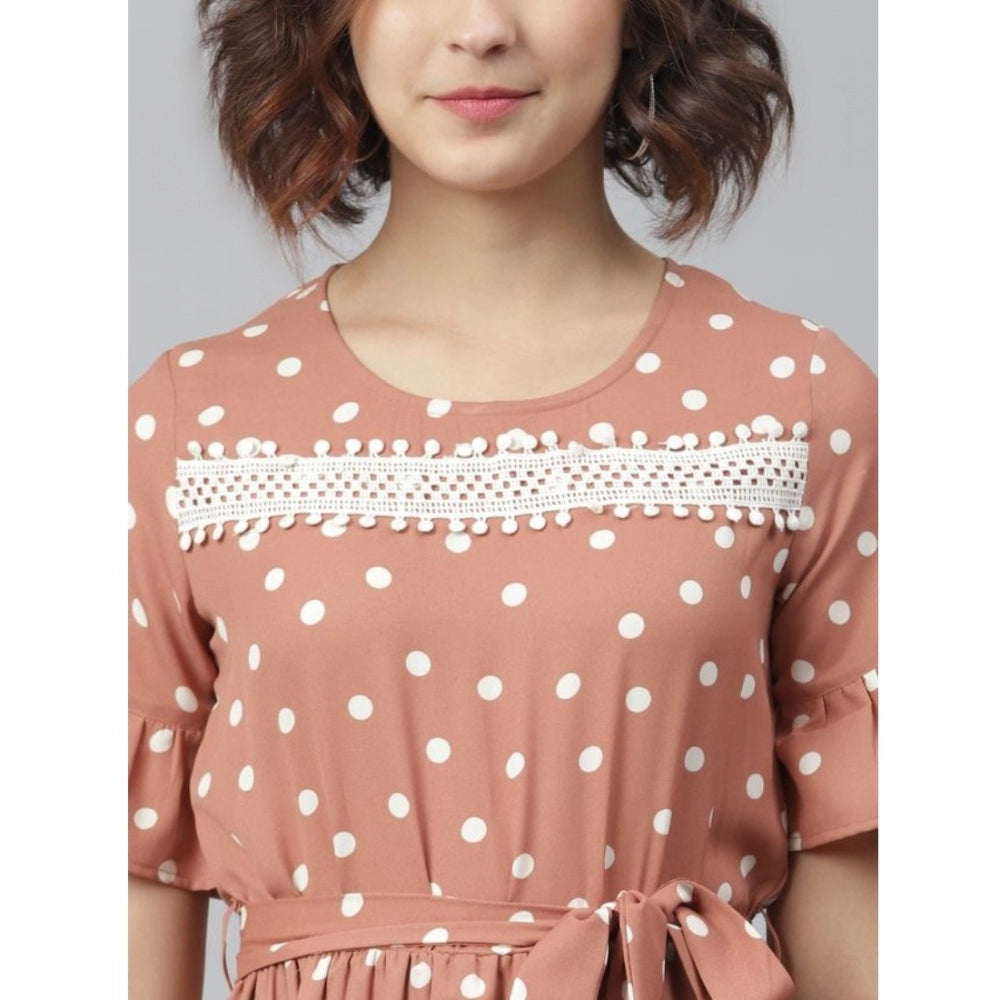 Snuggle Spot Women's Polyester Polka Bell Sleeve Above Knee Dress (Brown)