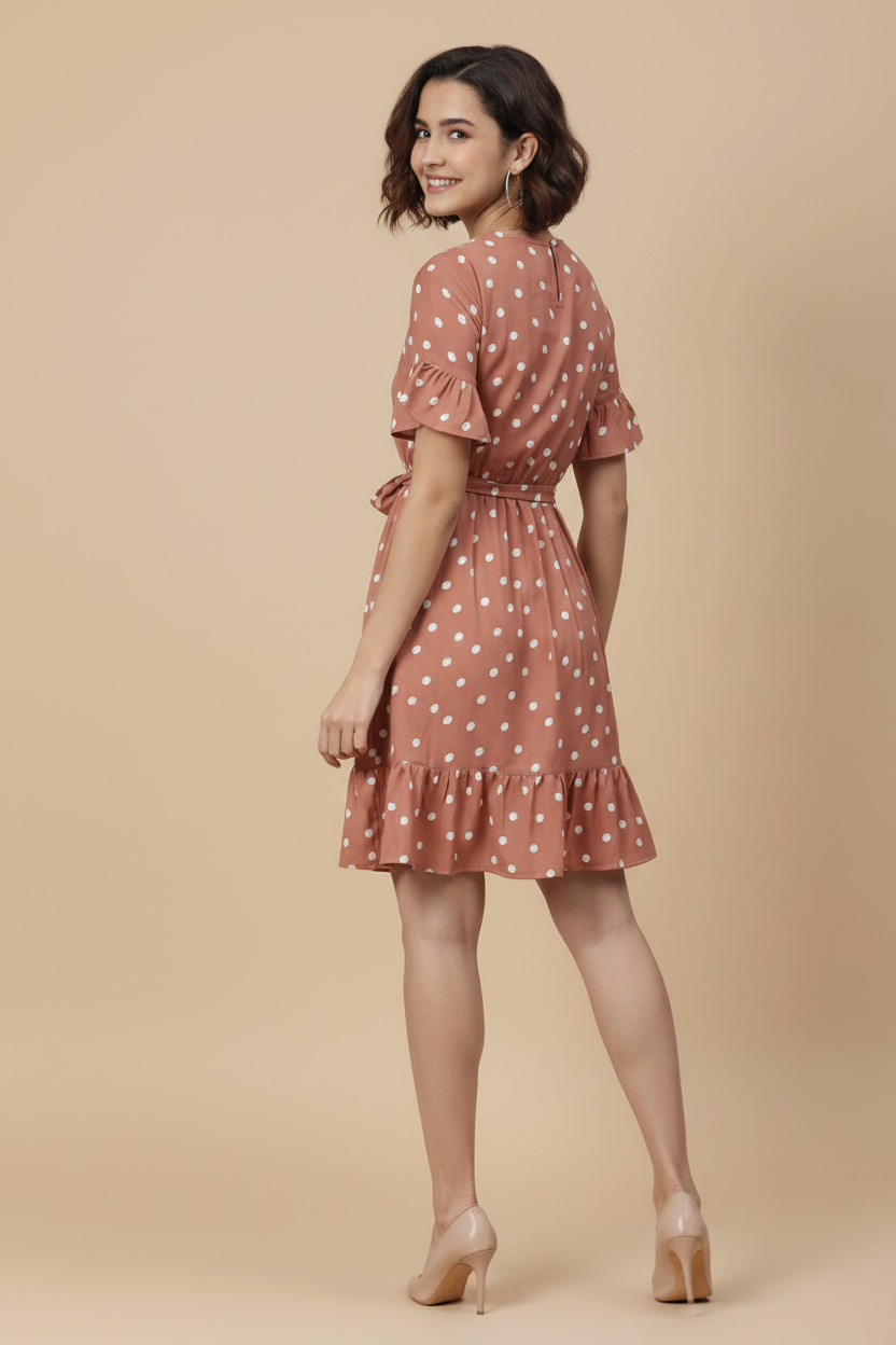 Snuggle Spot Women's Polyester Polka Bell Sleeve Above Knee Dress (Brown)