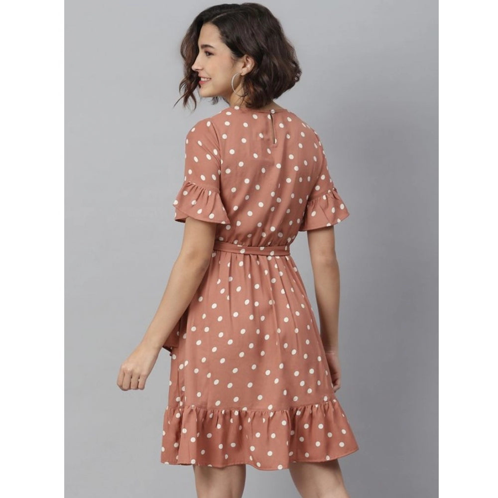 Snuggle Spot Women's Polyester Polka Bell Sleeve Above Knee Dress (Brown)