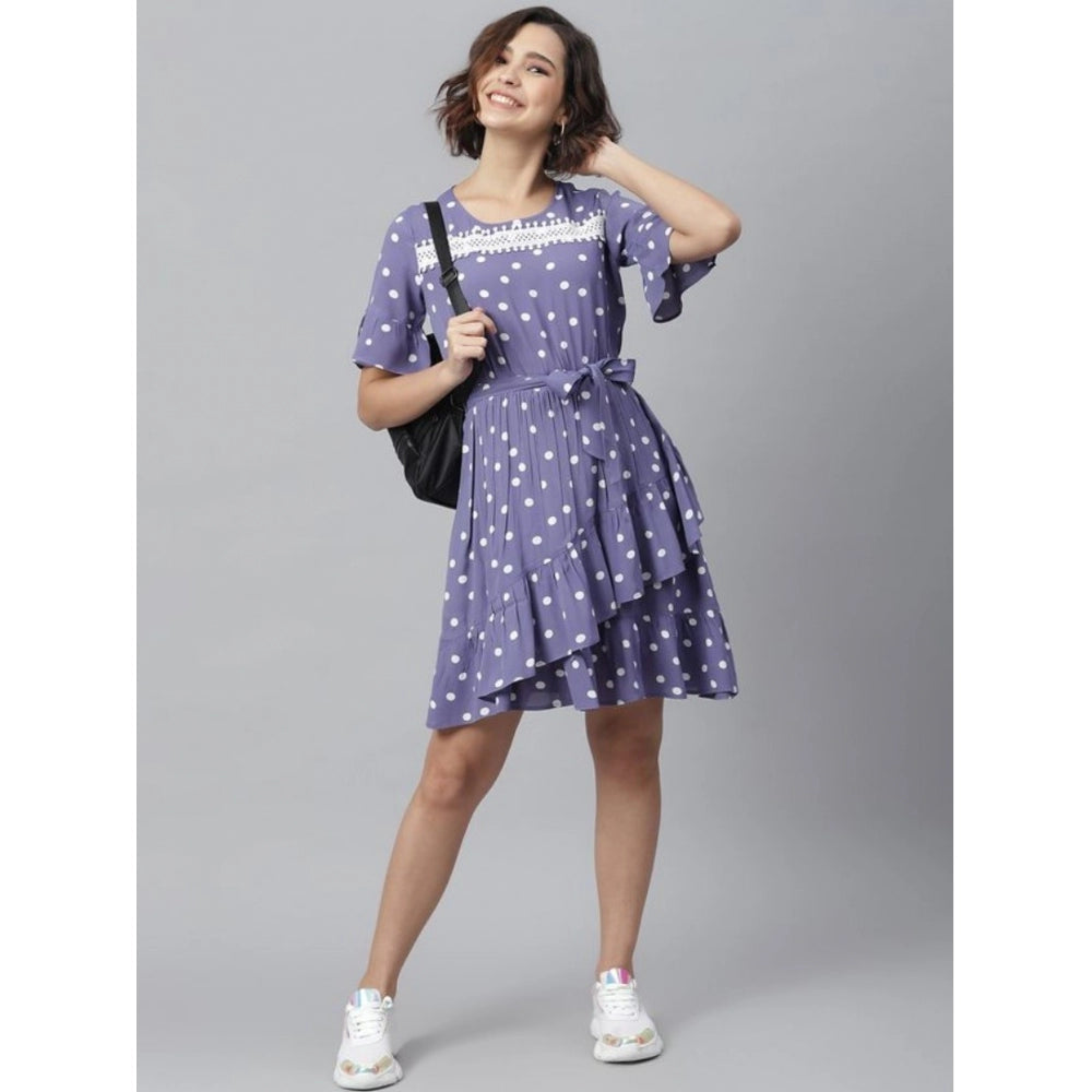 Snuggle Spot Women's Polyester Polka Bell Sleeve Above Knee Dress (Lavender)
