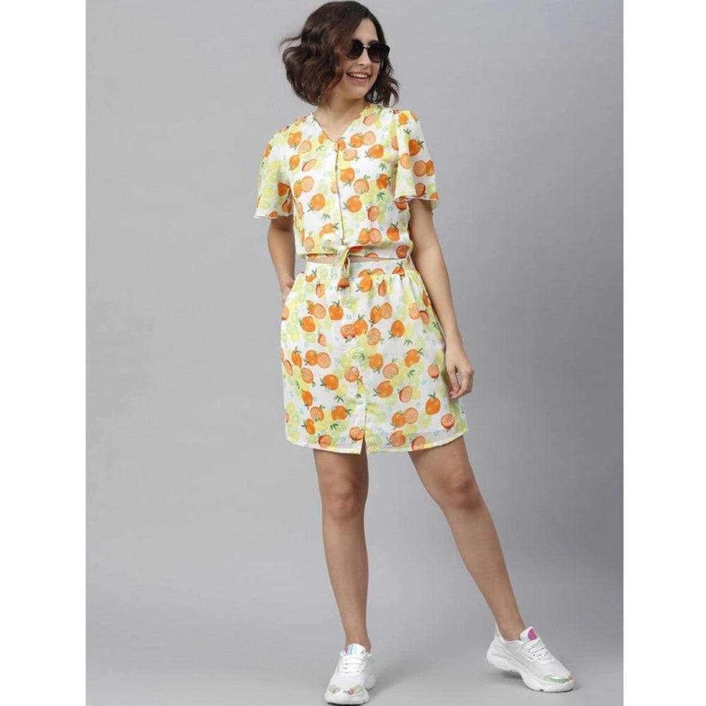 Snuggle Spot Women's Polyester Printed Flutter Above Knee Dress (Orange - Yellow)