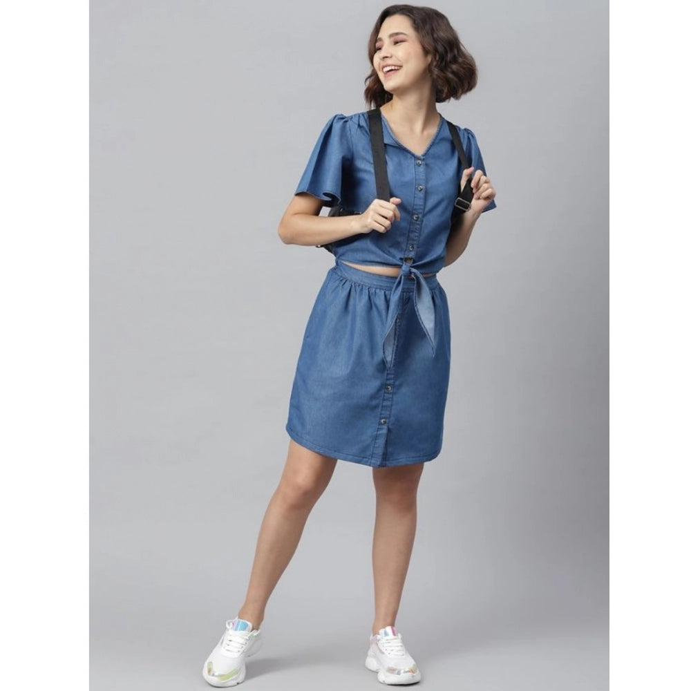 Snuggle Spot Women's Denim Solid Flutter Above Knee Dress (Blue)