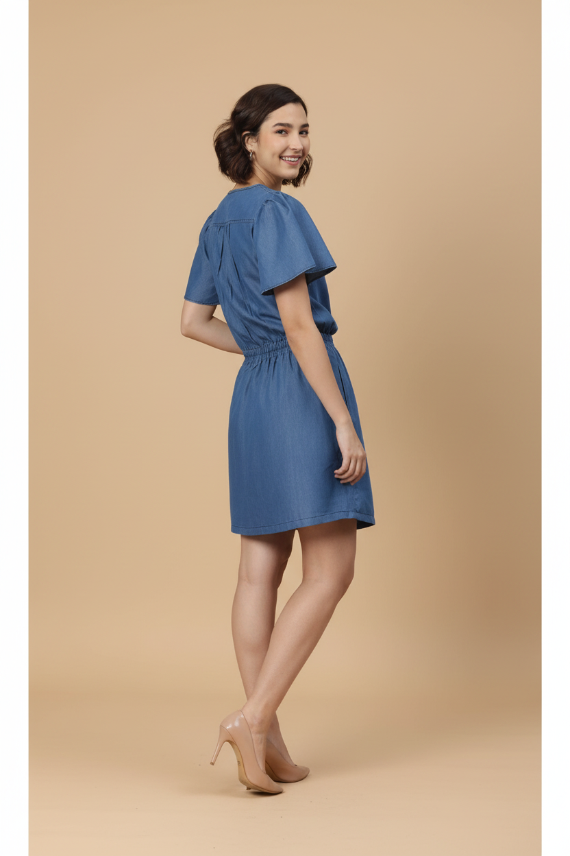 Snuggle Spot Women's Denim Solid Flutter Above Knee Dress (Blue)