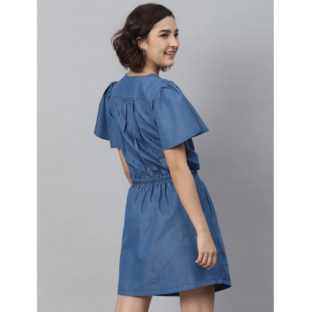 Snuggle Spot Women's Denim Solid Flutter Above Knee Dress (Blue)