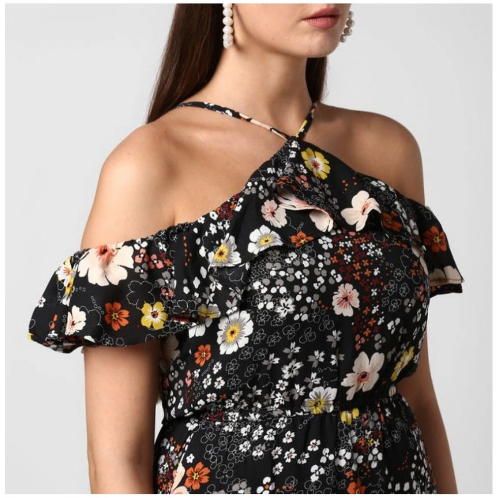 Snuggle Spot Women's Polyester Floral Cold Shoulder Above Knee Dress (Black)