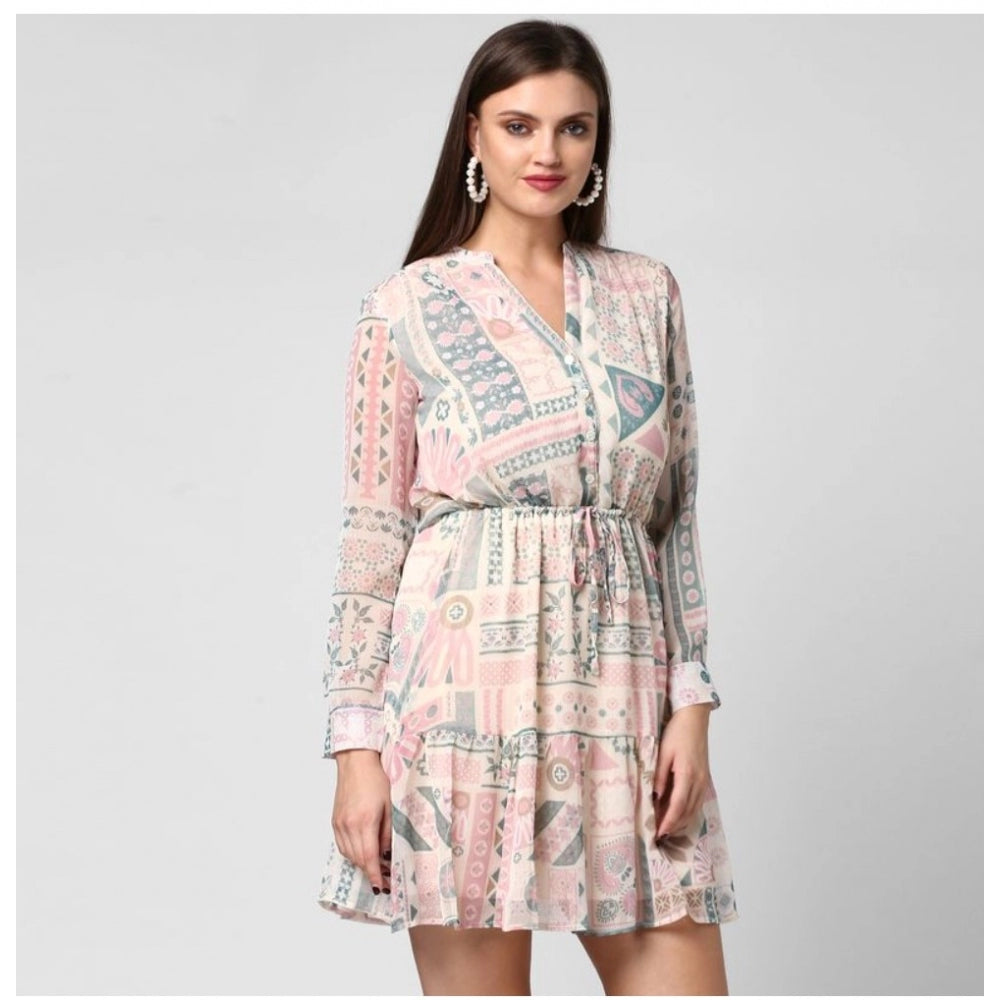 Snuggle Spot Women's Polyester Printed Long Sleeves Above Knee Dress (Light Pink - Off White)