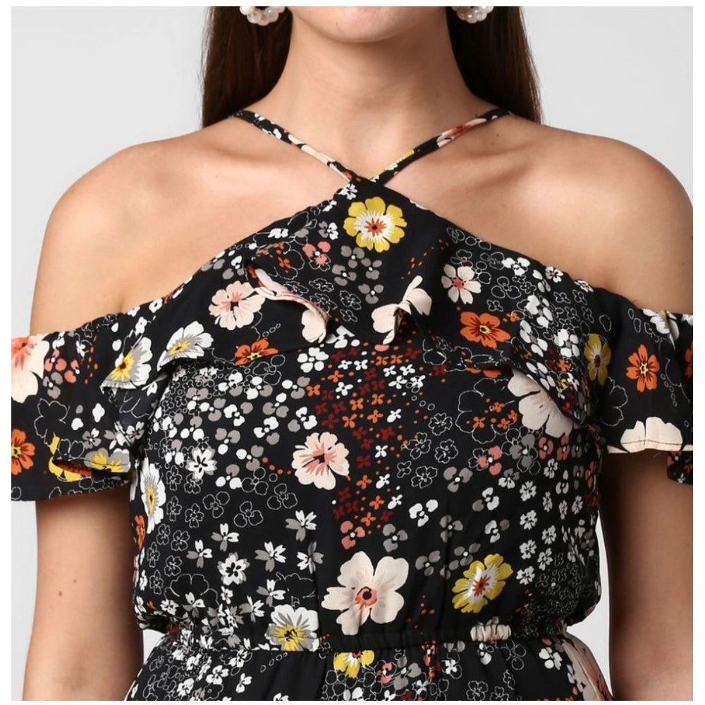 Snuggle Spot Women's Polyester Floral Cold Shoulder Above Knee Dress (Black)