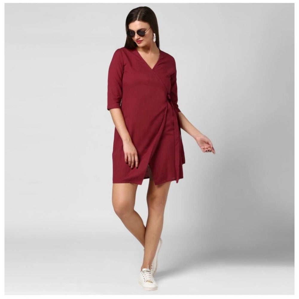 Snuggle Spot Women's Cotton Solid 3-4th Sleeves Above Knee Dress (Maroon)