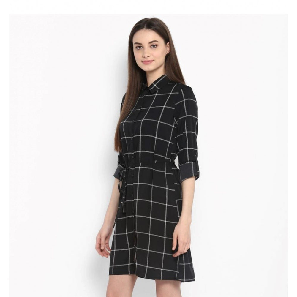 Snuggle Spot Women's Polyester Checkered Roll Up Sleeve Above Knee Dress (Black - White)