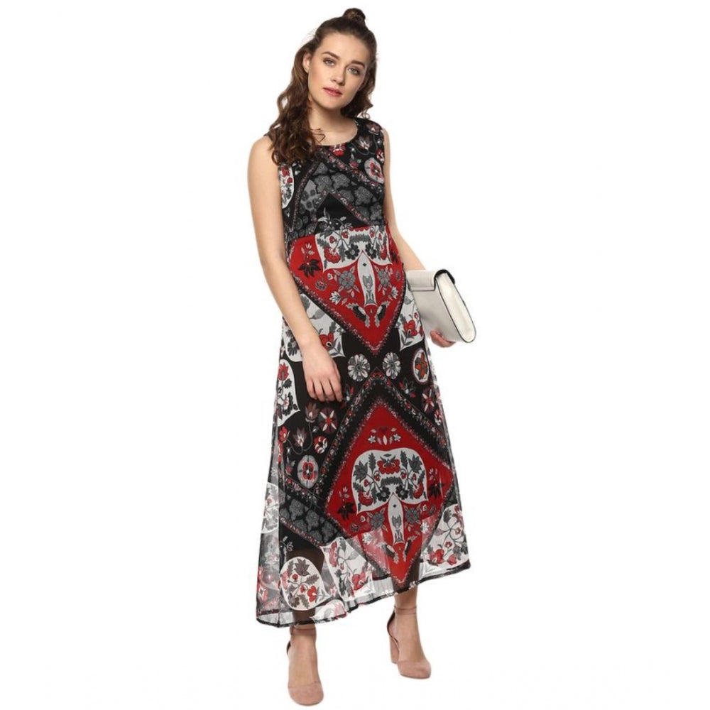 Snuggle Spot Women's Polyester Printed Sleeveless Dress (Red - Black)
