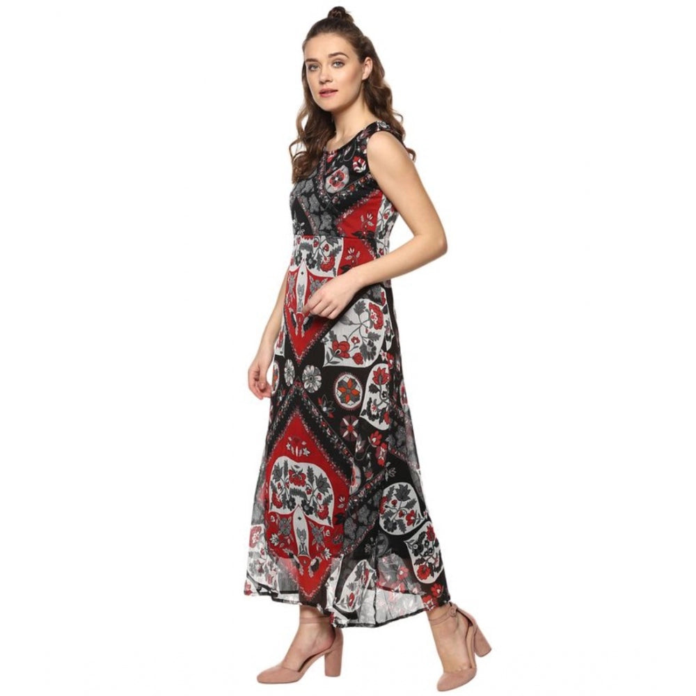 Snuggle Spot Women's Polyester Printed Sleeveless Dress (Red - Black)