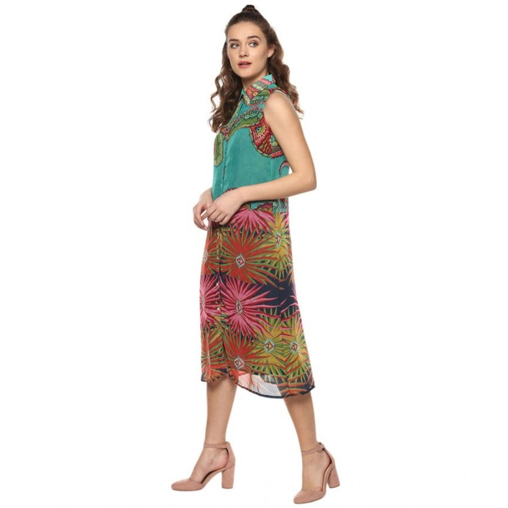 Snuggle Spot Women's Polyester Floral Sleeveless Below Knee Dress (Multicolor)