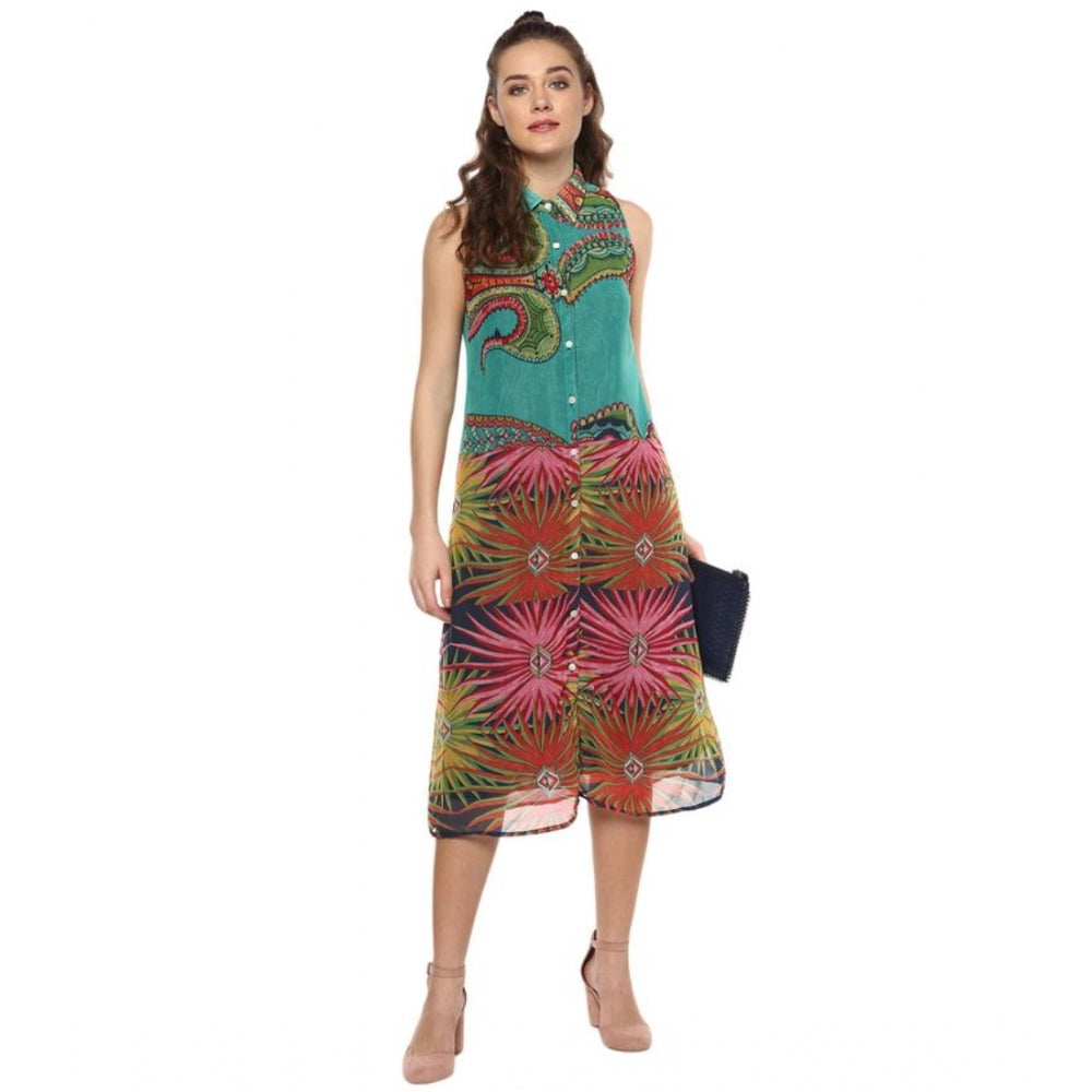 Snuggle Spot Women's Polyester Floral Sleeveless Below Knee Dress (Multicolor)