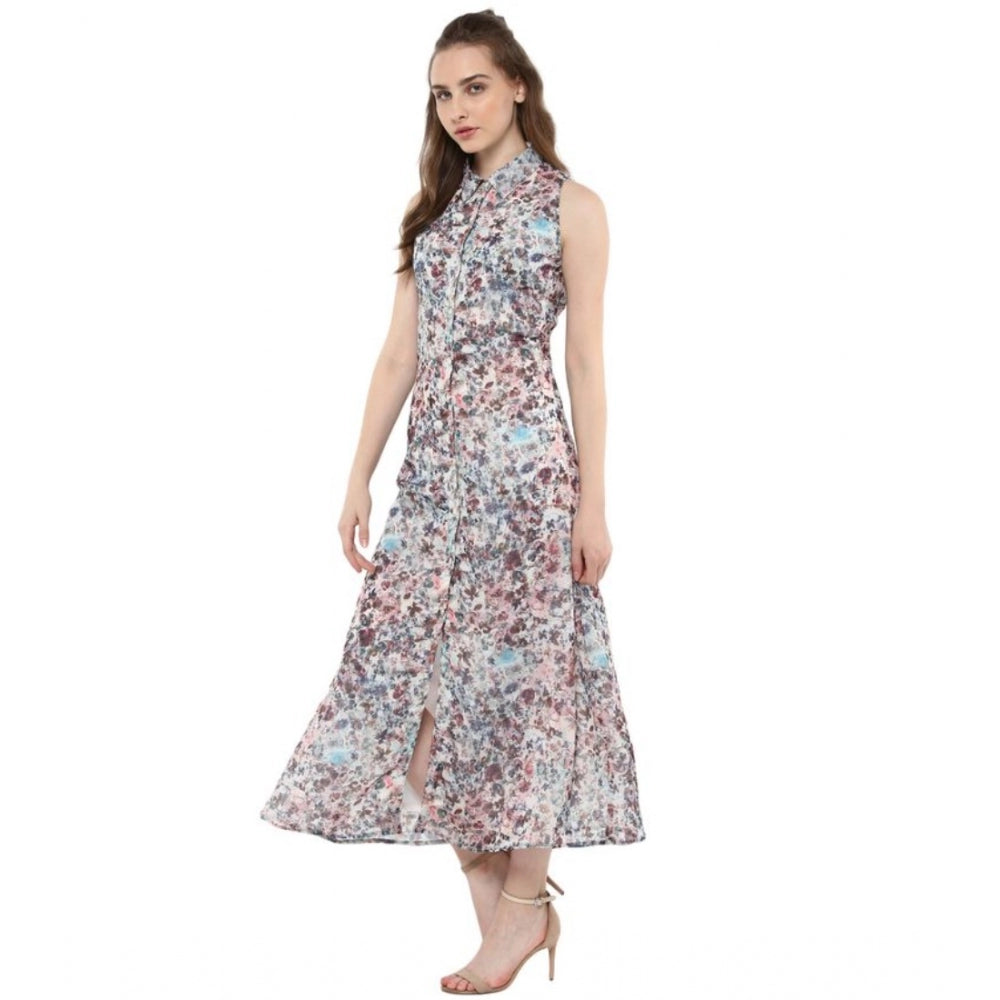 Snuggle Spot Women's Polyester Chiffon Printed Sleeveless Dress (Multicolor)