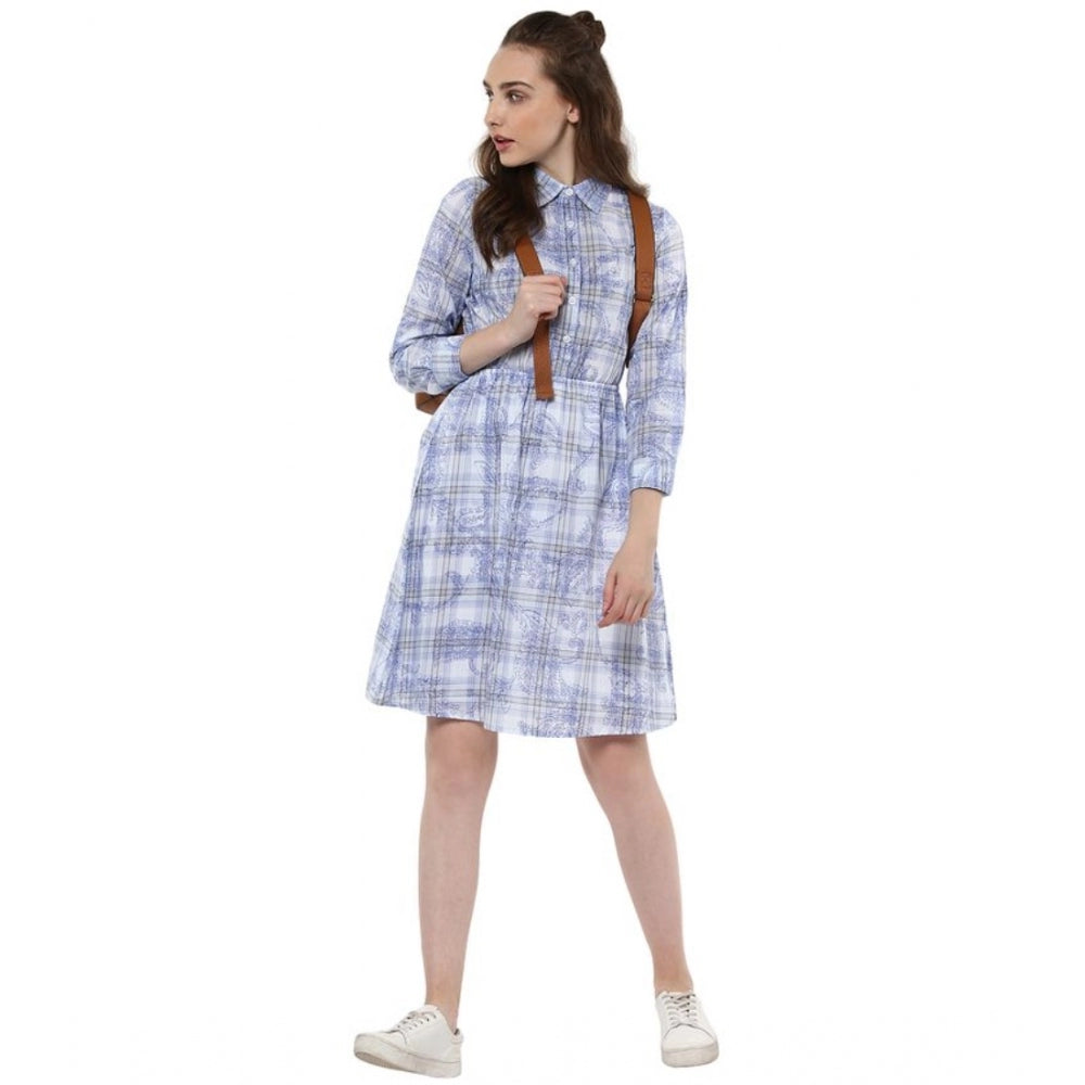 Snuggle Spot Women's Cotton Checkered Roll Up Sleeve Above Knee Dress (Blue)