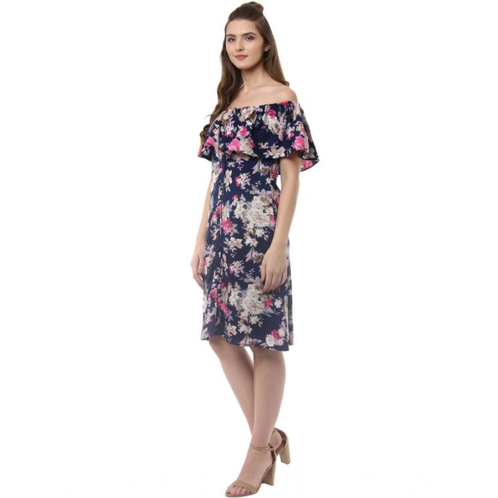 Snuggle Spot Women's Polyester Crepe Floral Half Sleeve Above Knee Dress (Navy Blue)