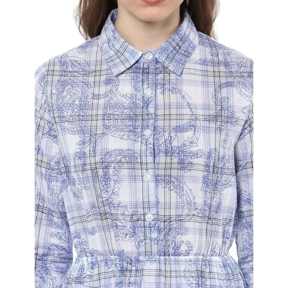 Snuggle Spot Women's Cotton Checkered Roll Up Sleeve Above Knee Dress (Blue)