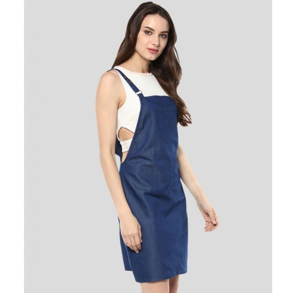 Snuggle Spot Women's Denim Solid Shoulder Straps Above Knee Dress (Blue)